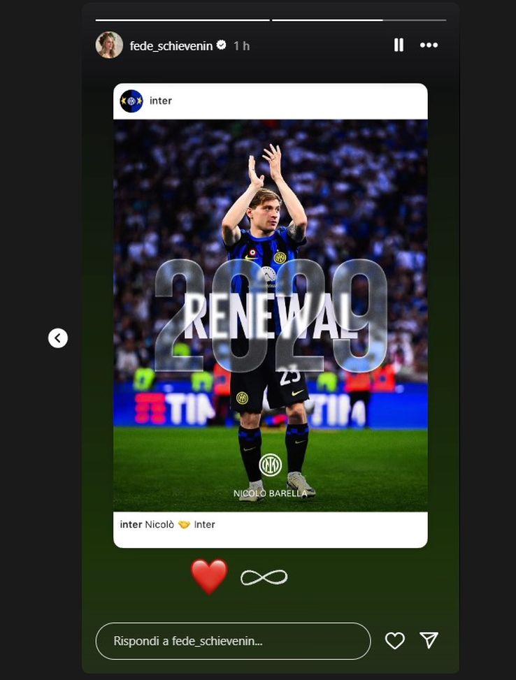 Barella rinnova, la moglie Federica condivide sui social la notizia- immagine 2