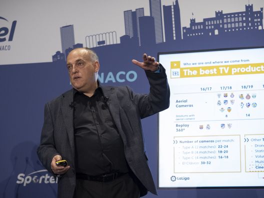 Monaco, Principato di Monaco - 6 ottobre 2021: Javier Tebas, presidente della Liga, parla durante la convention Sportel. (Foto di Arnold Jerocki/Getty Images For Sportel) Tebas attacca duramente il Mondiale per Club: “Ci è stato imposto”- immagine 3