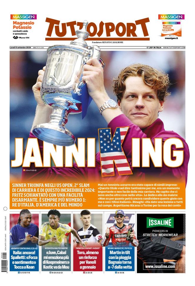 Tuttosport, la prima pagina di oggi, lunedì 9 settembre 2024 Tuttosport