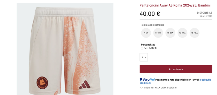 Kit Away 2024/2025: sul sito della Roma in vendita il pantaloncino per bambini- immagine 2