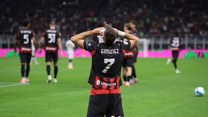 MILAN, ITALY - SEPTEMBER 23: Santiago Gimenez of AC Milan celebrates after scoring to give the side a 1-0 lead during the Coppa Italia Frecciarossa Round of 16 match between AC Milan and US Lecce at Giuseppe Meazza Stadium on September 23, 2025 in Milan, Italy. (Photo by Jonathan Moscrop/Getty Images) Santiago Gimenez