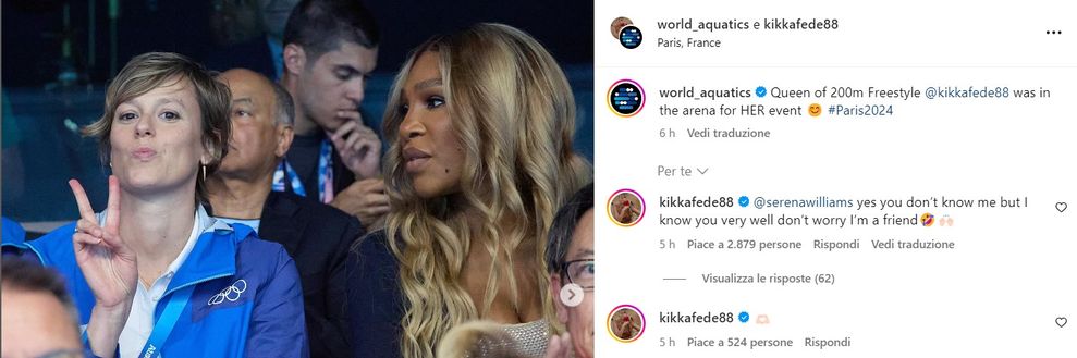 Serena Williams accanto alla Pellegrini ma non si accorge. L’ex nuotatrice la tagga su Instagram- immagine 2