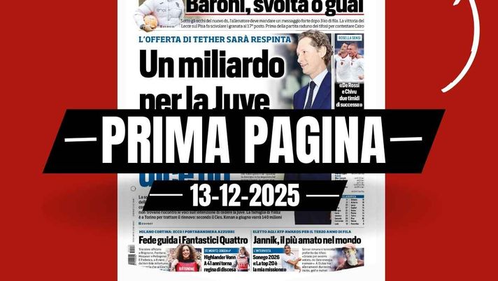 Tuttosport, la prima pagina di oggi, sabato 13 dicembre 2025 Prima pagina Tuttosport: 'Milan, Juve e Inter, la proposta: tetto ai biglietti per gli ospiti'