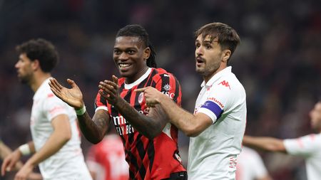 MILAN, ITALY - APRIL 05: Rafael Leao of AC Milan reacts during the Serie A match between AC Milan and Fiorentina at Stadio Giuseppe Meazza on April 05, 2025 in Milan, Italy. (Photo by Claudio Villa/AC Milan via Getty Images)