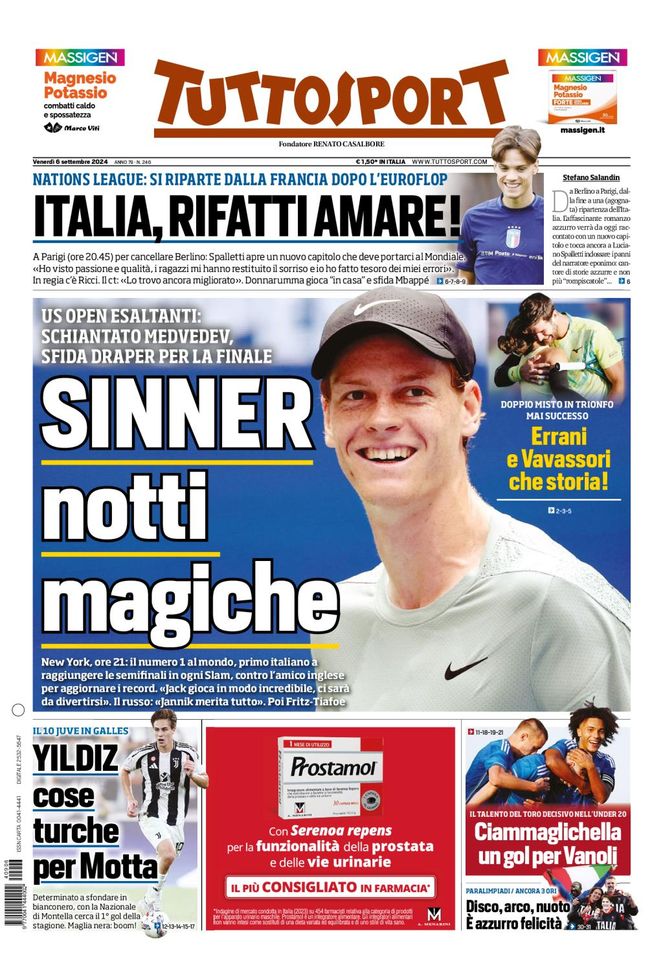 Tuttosport, la prima pagina di oggi, venerdì 6 settembre 2024 Tuttosport