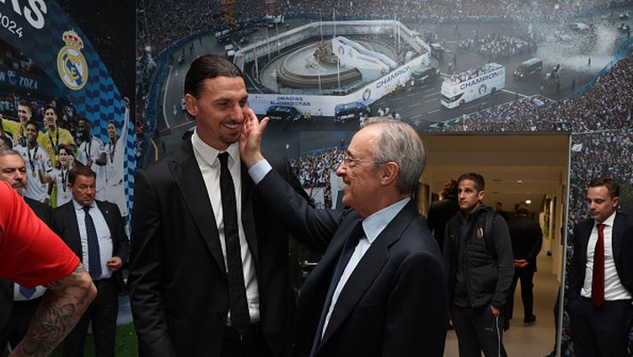 MADRID, SPAIN - NOVEMBER 05: AC Milan Senior Advisor to Ownership Zlatan Ibrahimovic and Florentino Perez, President of Real Madrid talk after the UEFA Champions League 2024/25 League Phase MD4 match between Real Madrid C.F. and AC Milan at Estadio Santiago Bernabeu on November 05, 2024 in Madrid, Spain. (Photo by Claudio Villa/AC Milan via Getty Images) Grandi cessioni e mancati rinnovi: un destino inevitabile per tutti i club - immagine 1