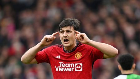 MANCHESTER, ENGLAND - APRIL 07: Harry Maguire of Manchester United reacts during the Premier League match between Manchester United and Liverpool FC at Old Trafford on April 07, 2024 in Manchester, England. (Photo by Shaun Botterill/Getty Images)