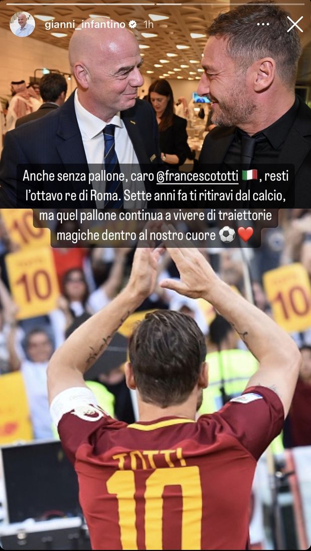 Infantino ricorda il ritiro di Totti: “Anche senza pallone resti l’ottavo re di Roma”- immagine 2