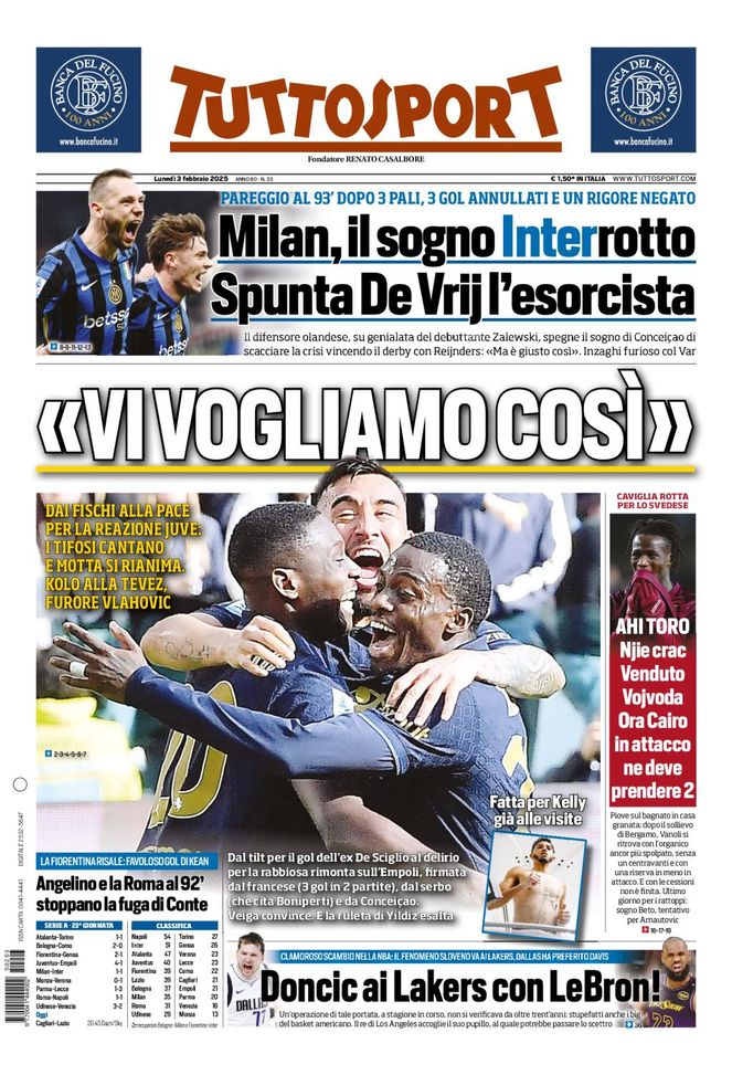 Tuttosport, la prima pagina di oggi, lunedì 3 febbraio 2025 Tuttosport