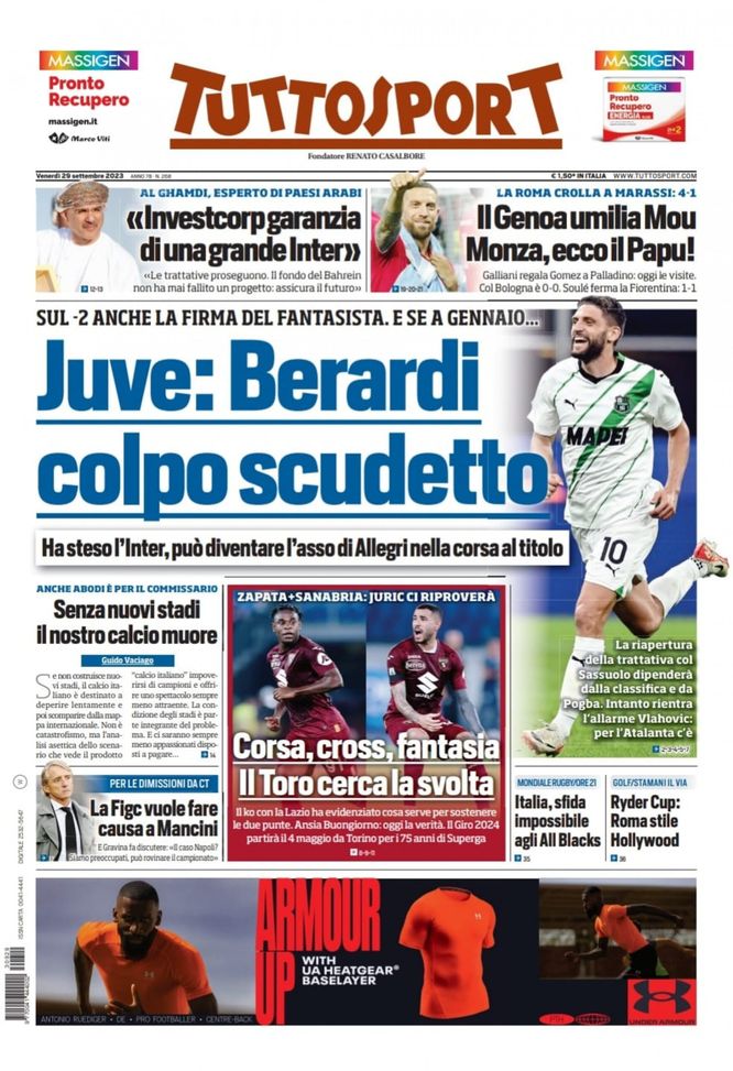 La prima pagina di Tuttosport 29-09-2023
