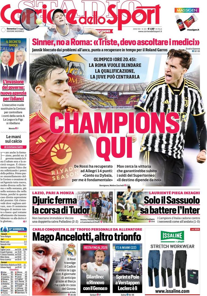Il Corriere dello Sport, la prima pagina di oggi, domenica 5 maggio 2024 Il Corriere dello Sport