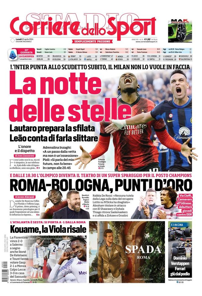 EDICOLA / CdS: La notte delle stelle. Inter, scudetto subito. Milan non lo vuole in faccia - immagine 1