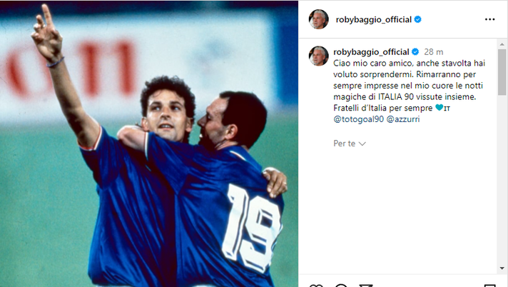 Schillaci, il saluto di Baggio: “Fratelli d’Italia per sempre” - immagine 1
