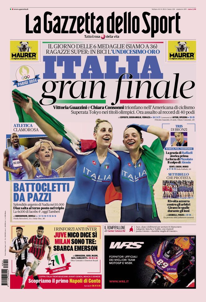 La Gazzetta dello Sport, la prima pagina di oggi, sabato 10 agosto 2024