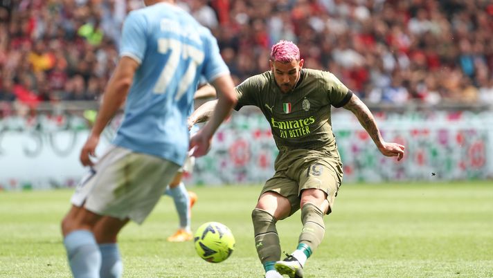 MILAN, ITALY - MAY 06: Theo Hernandez of AC Milan scores their sides second goal during the Serie A match between AC MIlan and SS Lazio at Stadio Giuseppe Meazza on May 06, 2023 in Milan, Italy. (Photo by Marco Luzzani/Getty Images)