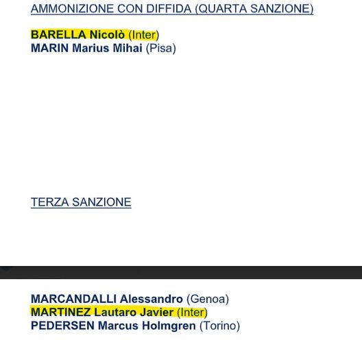 Il comunicato del giudice sportivo Giudice sportivo, terzo giallo per Lautaro. Barella entra tra i diffidati- immagine 2