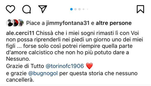 Cerci su Instagram: “Spero che i miei figli possano vivere i miei sogni con il Torino”- immagine 2