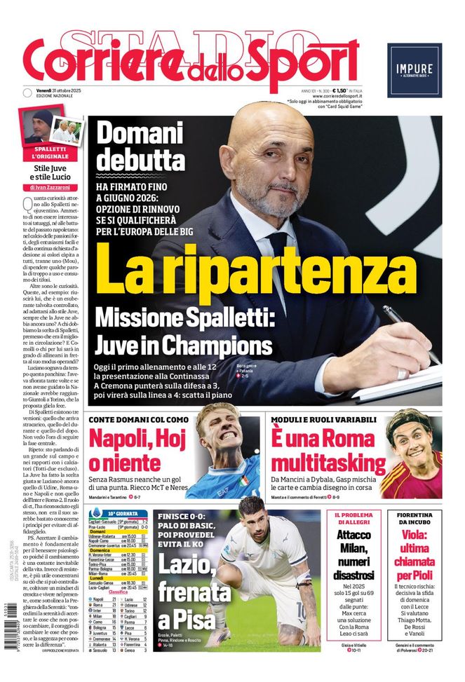 Il Corriere dello Sport, la prima pagina di oggi, venerdì 31 ottobre 2025 Il Corriere dello Sport