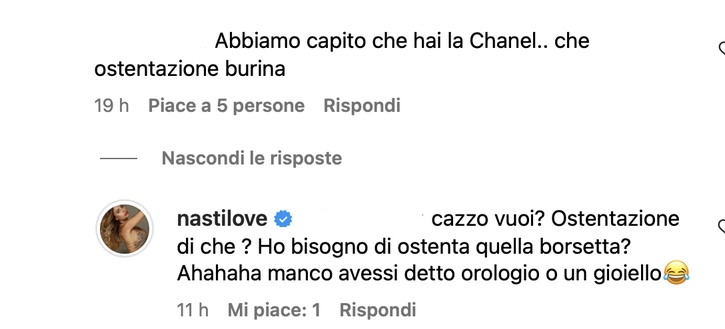 Un’hater alla Nasti: “Ostentazione Burina”. Chiara: “C…o vuoi? Manco avessi…”- immagine 2