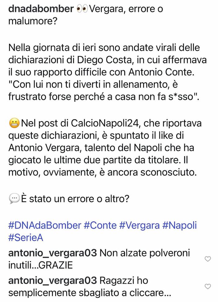 Bufera social sul Napoli, imbarazzo per il like di un giocatore al post contro Conte: “Non…”- immagine 3