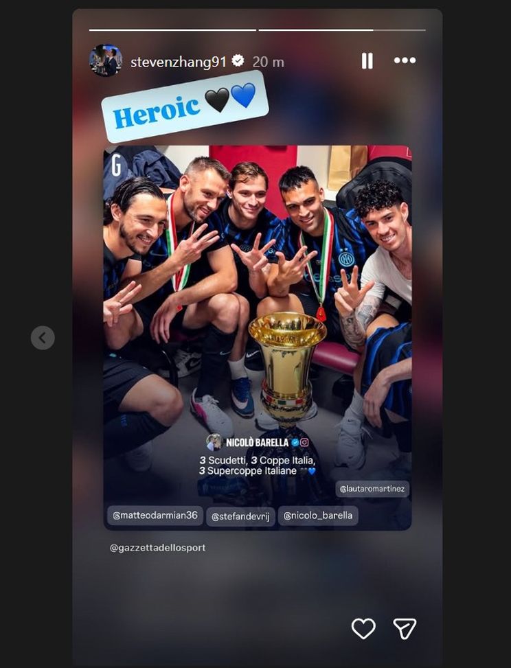 Inter, Zhang festeggia la Coppa Italia e posta la foto di chi ha vinto già con lui- immagine 3