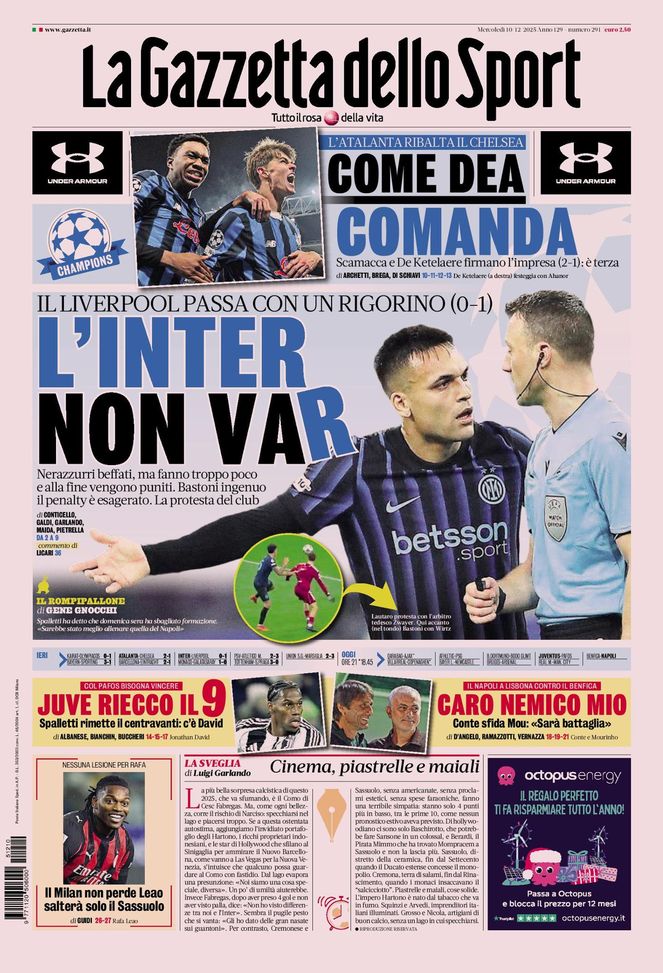 La Gazzetta dello Sport, la prima pagina di oggi, mercoledì 10 dicembre 2025 La Gazzetta dello Sport