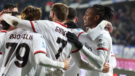 EMPOLI, ITALY - FEBRUARY 08: Rafael Leao of AC Milan celebrates with Joao Felix after scoring the goal during the Serie A match between Empoli and AC Milan at Stadio Carlo Castellani on February 08, 2025 in Empoli, Italy. (Photo by Claudio Villa/AC Milan via Getty Images)