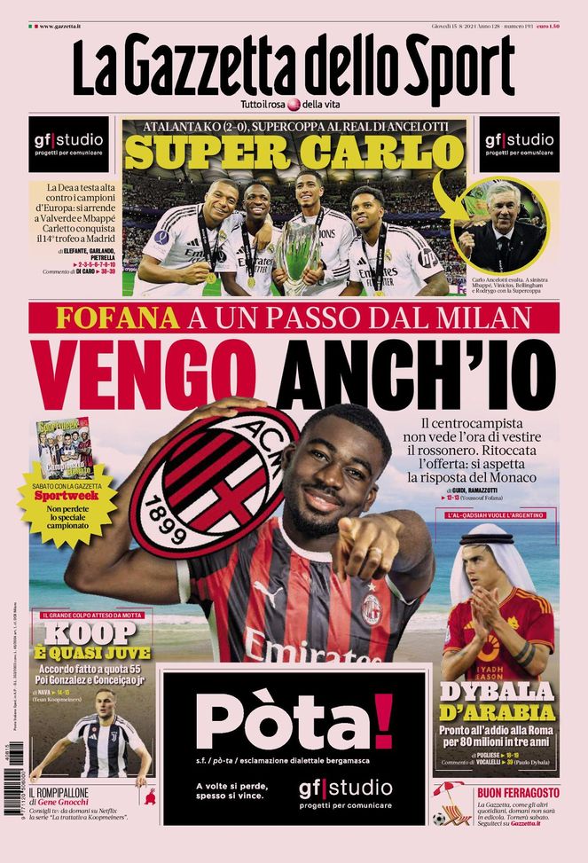 La Gazzetta dello Sport, la prima pagina di oggi, giovedì 15 agosto 2024 La Gazzetta dello Sport