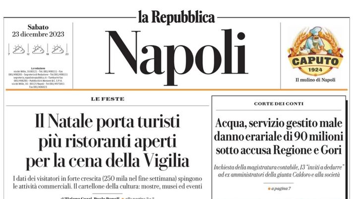 LA PRIMA PAGINA DE LA REPUBBLICA NAPOLI di oggi 23 dicembre 2023 - immagine 1