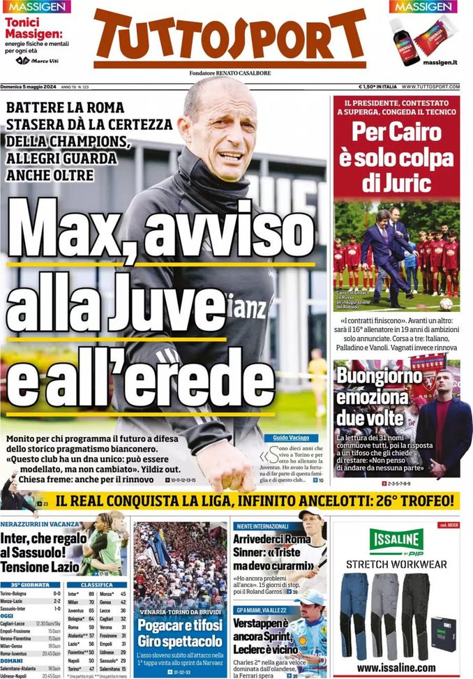 Tuttosport, la prima pagina di oggi, domenica 5 maggio 2024 Tuttosport