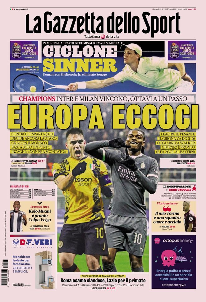 Prima Pagina Gazzetta dello Sport 23 gennaio
