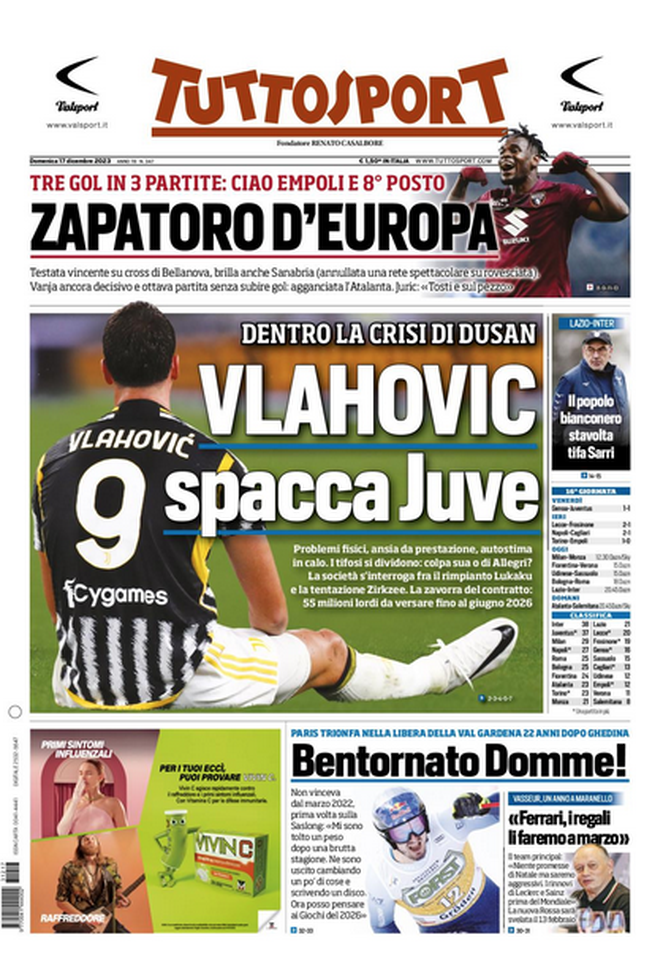 La prima pagina di Tuttosport 17-12-2023