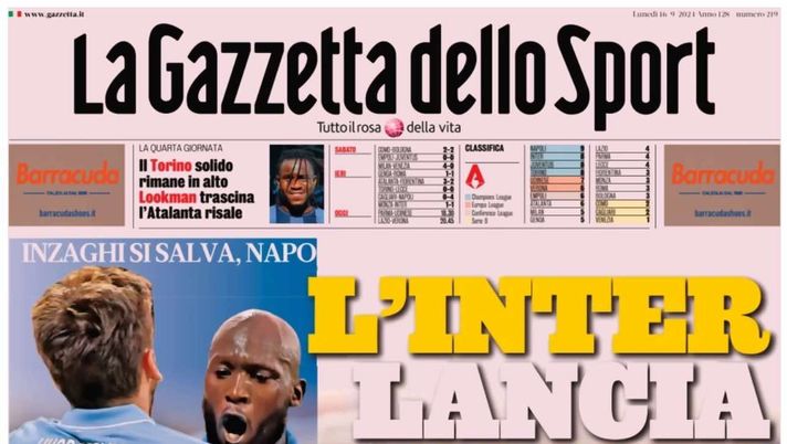PRIMA PAGINA GAZZETTA DELLO SPORT OGGI: “Inzaghi al rinnovo, ci metto la firma”