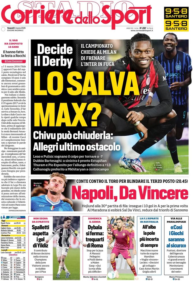 Prima pagina Corriere dello Sport: “Lo salva Max? Allegri all’ultimo ostacolo”- immagine 2