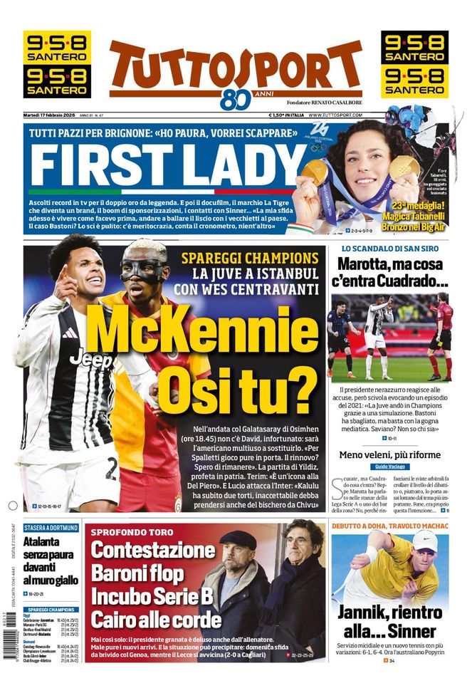 Tuttosport, la prima pagina di oggi, martedì 17 febbraio 2026 Tuttosport