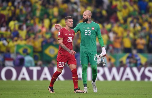 LUSAIL CITY, QATAR - NOVEMBER 24: Sergej Milinkovic-Savic and Vanja Milinkovic-Savic of Serbia interact after the FIFA World Cup Qatar 2022 Group G match between Brazil and Serbia at Lusail Stadium on November 24, 2022 in Lusail City, Qatar. (Photo by Laurence Griffiths/Getty Images)