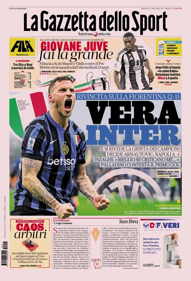 La Gazzetta dello Sport, la prima pagina di oggi, martedì 11 febbraio 2025