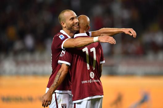 TURIN, ITALY - AUGUST 25: Simone Zaza (R)of Torino FC celebrates the opening goal with team mate Lorenzo De Silvestri during the Serie A match between Torino FC and US Sassuolo at Stadio Olimpico di Torino on August 25, 2019 in Turin, Italy. (Photo by Valerio Pennicino/Getty Images)