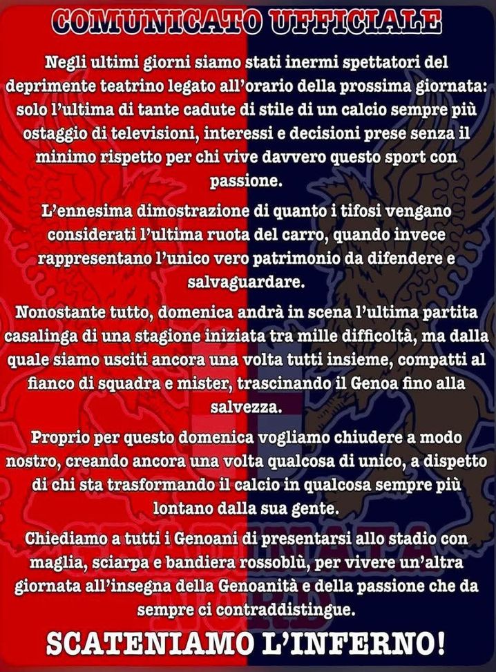 Comunicato ufficiale dei tifosi del Genoa