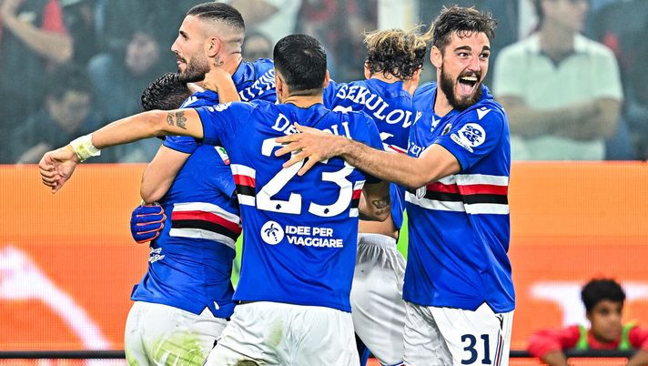 GENOA, ITALY - SEPTEMBER 25: Sampdoria's players celebrate after the Coppa Italia match between Genoa CFC and UC Sampdoria at Luigi Ferraris Stadium on September 25, 2024 in Genoa, Italy. (Photo by Simone Arveda/Getty Images) Sampdoria, lavoro differenziato per Ioannou e Kasami. In tre indisponibili - immagine 1