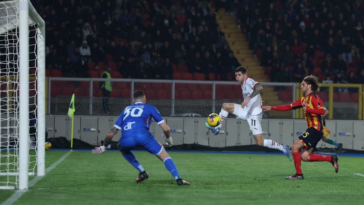 LECCE, ITALY - MARCH 08:  Christian Pulisic of AC Milan scores the goal during the Serie A match between Lecce and AC Milan at Stadio Via del Mare on March 08, 2025 in Lecce, Italy. (Photo by Claudio Villa/AC Milan via Getty Images)  lecce-milan-pulisic-dichiarazioni-dallara-diretta-live-risultato-tv-dazn-serie-a