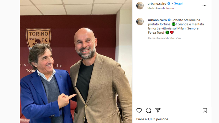Le reazioni social del Torino, Cairo coccola Stellone. Lazaro si esalta in auto- immagine 3