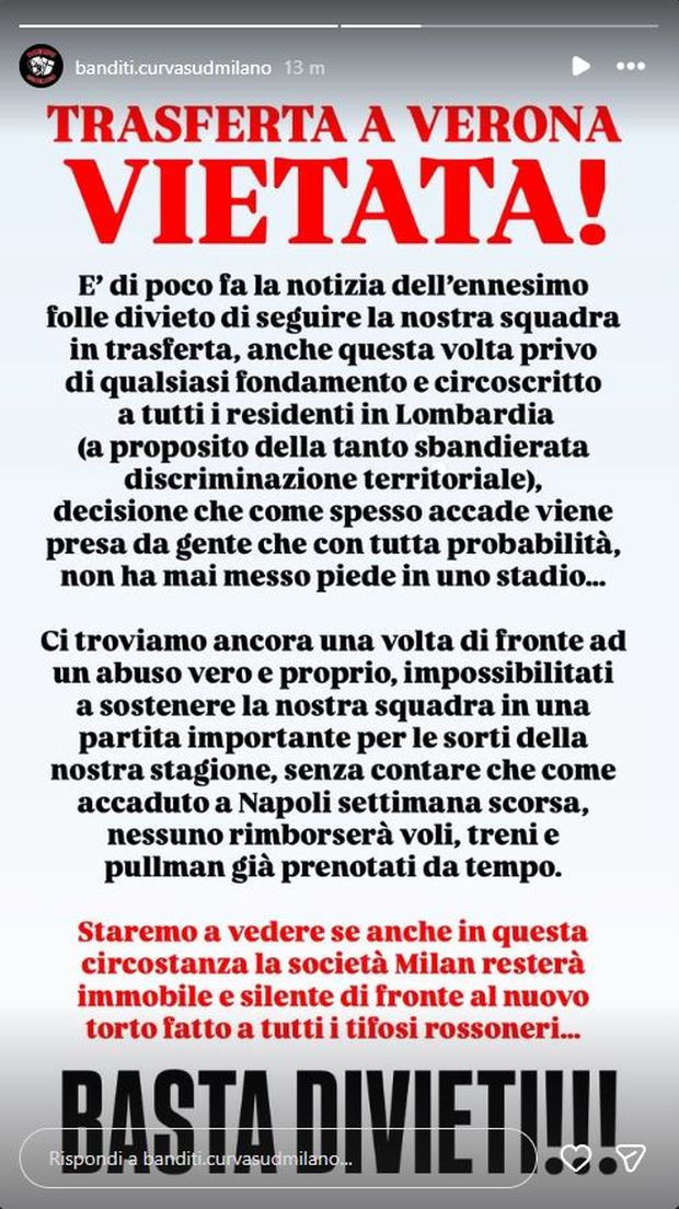 Verona-Milan, trasferta vietata ai tifosi rossoneri residenti in Lombardia: il comunicato della Curva Sud- immagine 2