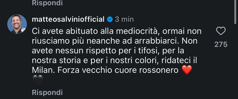 Milan-Udinese 0-3, lo sfogo di Salvini: “Ci avete abituato alla mediocrità. Non avete rispetto per i tifosi”- immagine 2