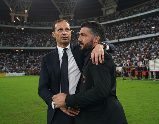 JEDDAH, SAUDI ARABIA - JANUARY 16: Head coach of Juventus Massimiliano Allegri hugs head coach of AC Milan Gennaro Gattuso after the Italian Supercup match between Juventus and AC Milan at King Abdullah Sports City on January 16, 2019 in Jeddah, Saudi Arabia. (Photo by Claudio Villa/Getty Images for Lega Serie A) Gattuso Allegri