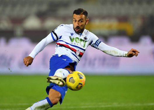 TURIN, ITALY - NOVEMBER 30: Fabio Quagliarella of U.C. Sampdoria scores their team's second goal during the Serie A match between Torino FC and UC Sampdoria at Stadio Olimpico di Torino on November 30, 2020 in Turin, Italy. Sporting stadiums around Italy remain under strict restrictions due to the Coronavirus Pandemic as Government social distancing laws prohibit fans inside venues resulting in games being played behind closed doors. (Photo by Valerio Pennicino/Getty Images)