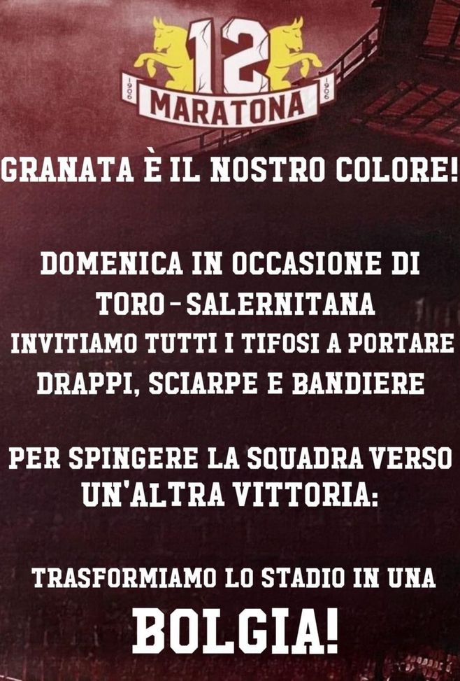 Torino-Salernitana, la Maratona: “Trasformiamo lo stadio in una bolgia!”- immagine 2
