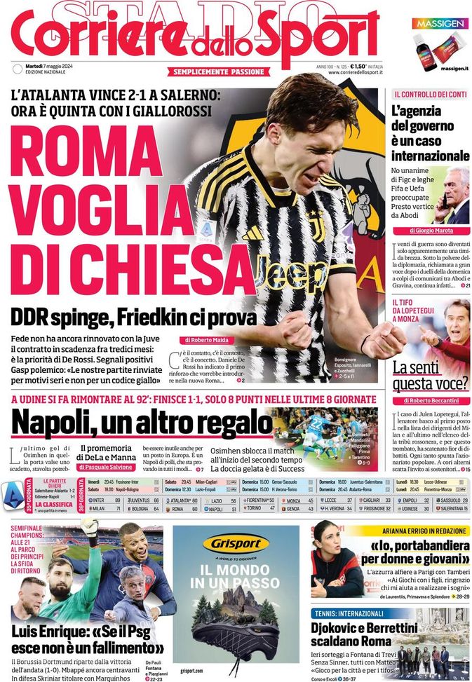 Il Corriere dello Sport, la prima pagina di oggi, martedì 7 maggio 2024 Il Corriere dello Sport