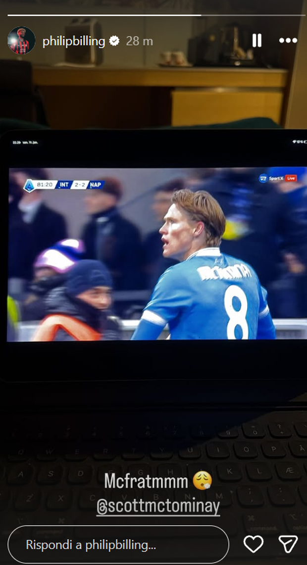 Inter-Napoli 2-2, anche Billing esulta al gol del pareggio di Scott: “McFratm!” FOTO- immagine 2