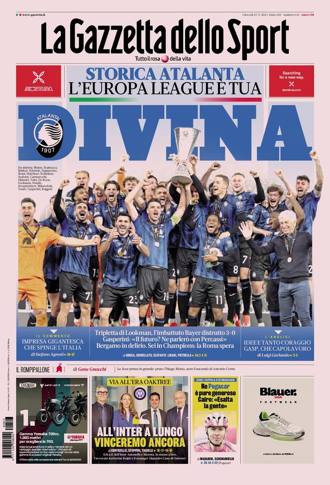 La Gazzetta dello Sport, la prima pagina di oggi, giovedì 23 maggio 2024